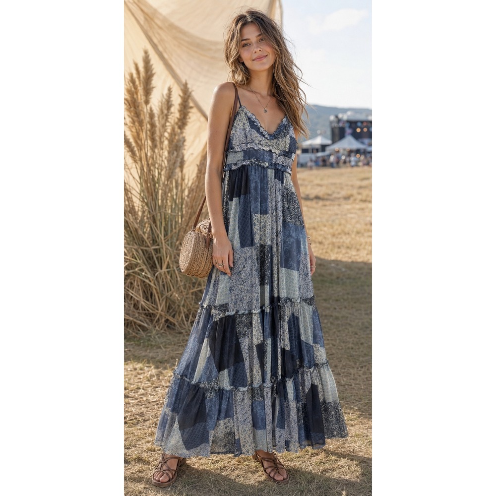 Arizona Jean Co Patchwork Maxi Dress Womens S Blue Boho Tiered Ruffle Festival